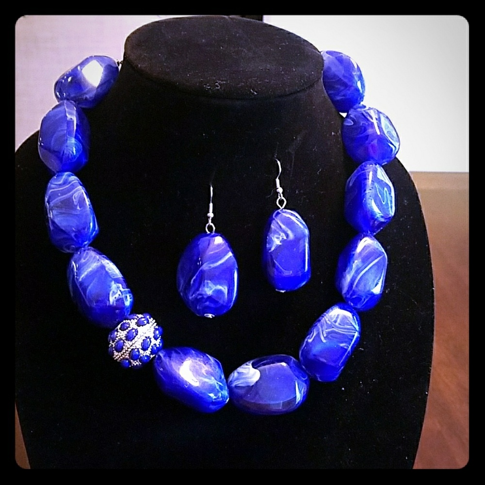 Blue Stone Statement Necklace and earrings